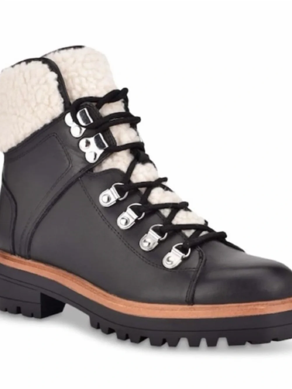 New! Marc Fisher Isalia Black Leather Shearling-Collar Lug Boot